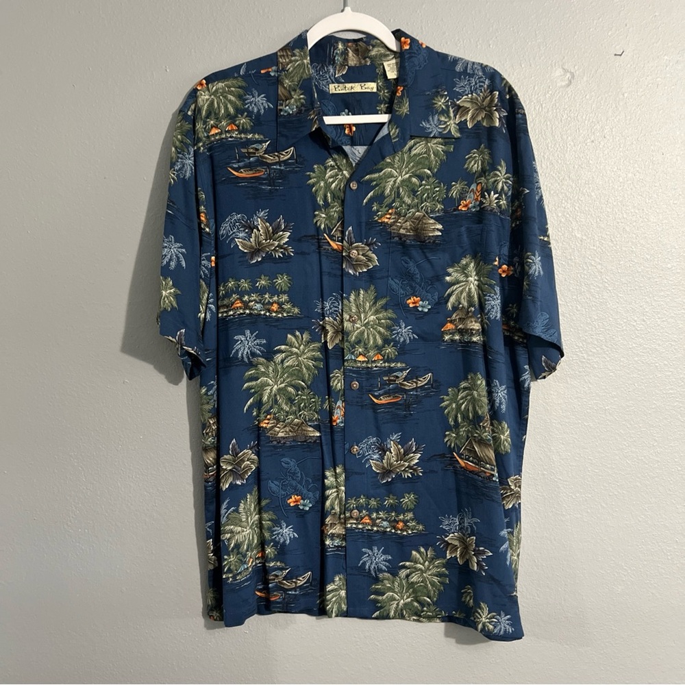 Batik Bay Men's Short Sleeve Button Up Blue Straight Hem Hawaiian Shirt~ Large